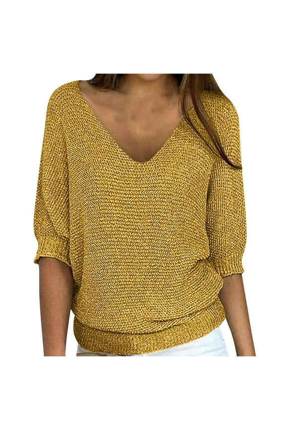 Women's Casual 3/4 Sleeve Sweaters Solid Color Plunge V Neck Loose Pullover Knit Spring Fall Tops