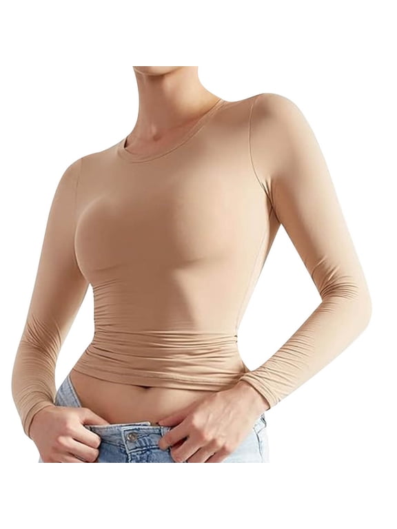 Women's Casual Basic Going out Crop Tops Slim Long Sleeve Crew Neck Tight T Shirts Base Layer Tops Blouses