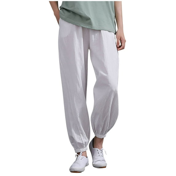 BLVB Women's Casual Cotton Linen Baggy Pants with Elastic Waist Loose Summer Beach Lantern Trouser with Pockets