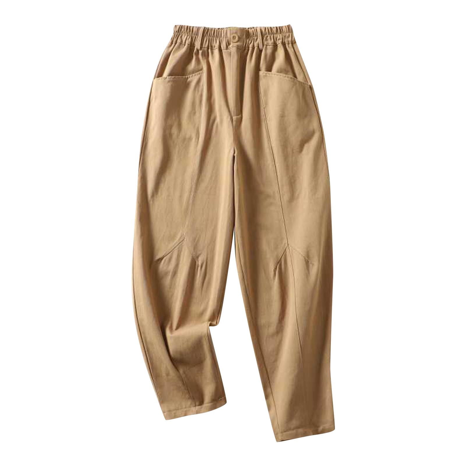 BLVB Women's Casual Cropped Pants 2024 Elastic High Waist Loose Solid