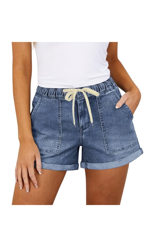 Women's Casual Fashion Denim Shorts Elastic High Waisted Short Jeans Stretchy Drawstring Pull on Jeans with Pockets