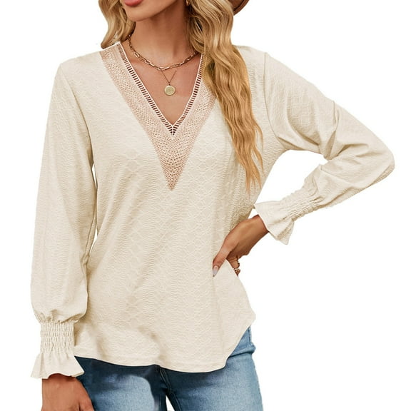 BLVB Women's Casual Lace V Neck T Shirts Dressy Lantern Long Sleeve Tops Loose Tunic Blouses Fall Clothes