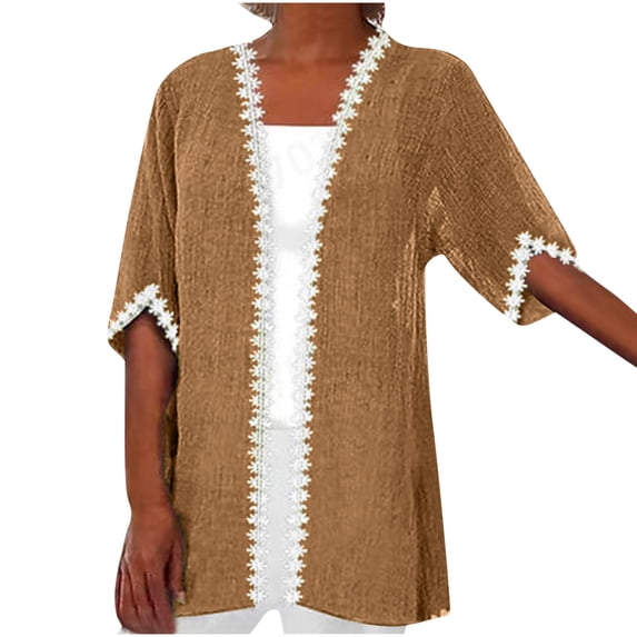 BLVB Women's Casual Lightweight Open Front Cardigans Solid Color Half Sleeve Plus Size Cardigan Cover Ups Blouse Tops