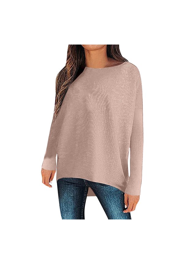 Women's Casual Long Sleeve T Shirt Crewneck Spring Fall Pullover Solid Color Loose High Low Tunic Tee Tops