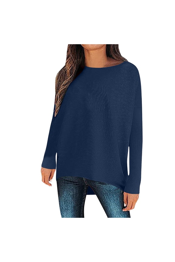 Women's Casual Long Sleeve T Shirt Crewneck Spring Fall Pullover Solid Color Loose High Low Tunic Tee Tops