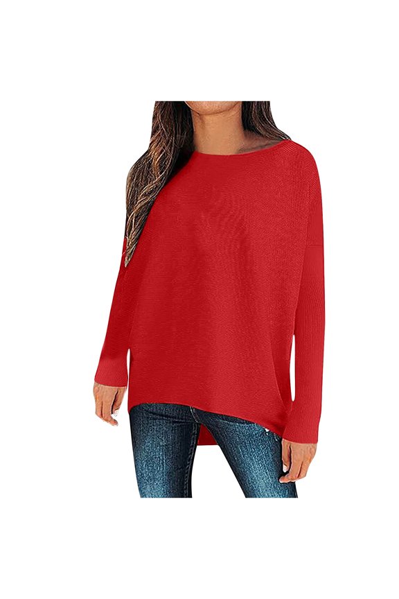 Women's Casual Long Sleeve T Shirt Crewneck Spring Fall Pullover Solid Color Loose High Low Tunic Tee Tops
