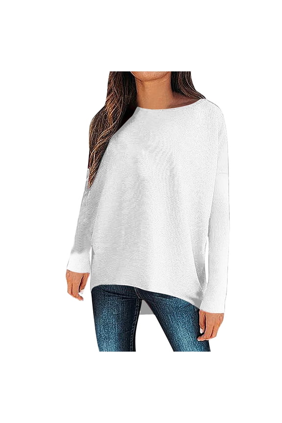 Women's Casual Long Sleeve T Shirt Crewneck Spring Fall Pullover Solid Color Loose High Low Tunic Tee Tops