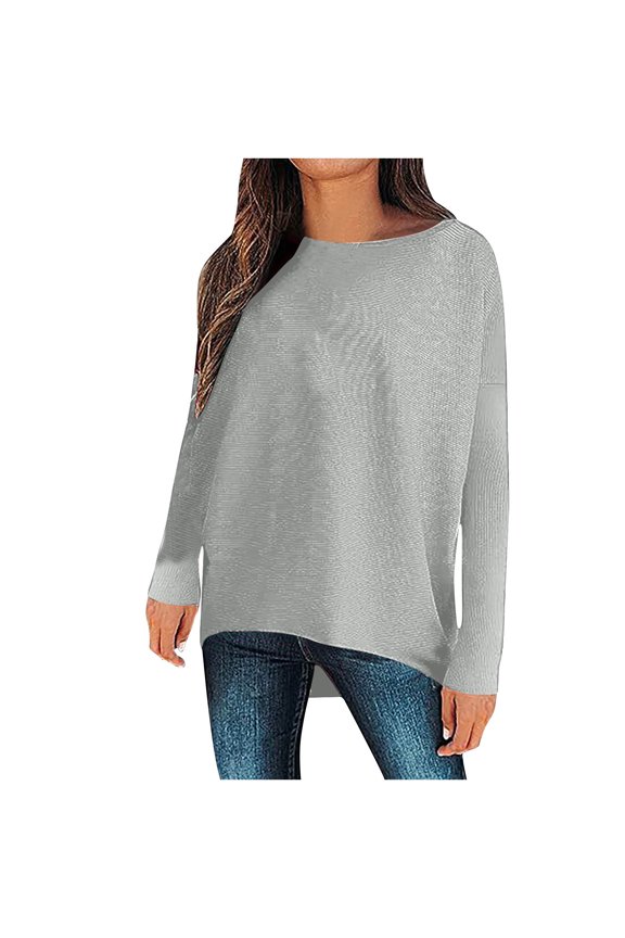 Women's Casual Long Sleeve T Shirt Crewneck Spring Fall Pullover Solid Color Loose High Low Tunic Tee Tops