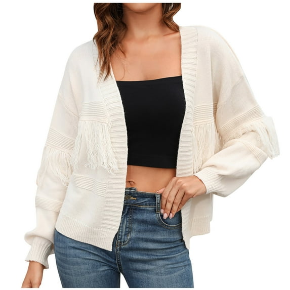BLVB Women's Casual Open Front Cardigans Long Sleeve Tassel Soft Cable Knit Sweater Jackets Coat Fall Clothes