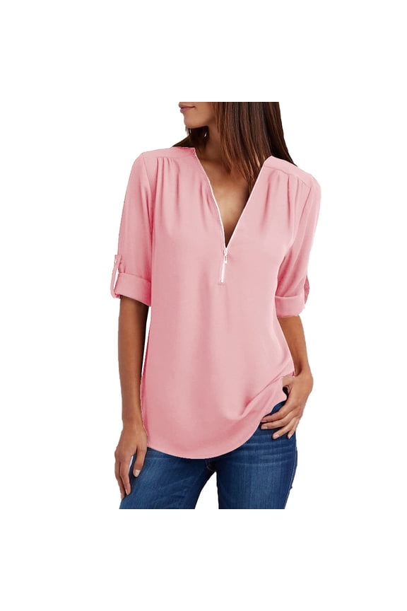 Women's Chiffon Blouse Roll-Up Sleeve V Neck Zipper Casual Solid Color Business Work Shirt Loose Tunic Top