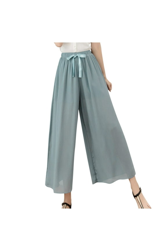 Women's Chiffon Wide Leg Pants Tie Knot High Waisted Cropped Trouser Casual Plus Size Flowy Skirt Pants