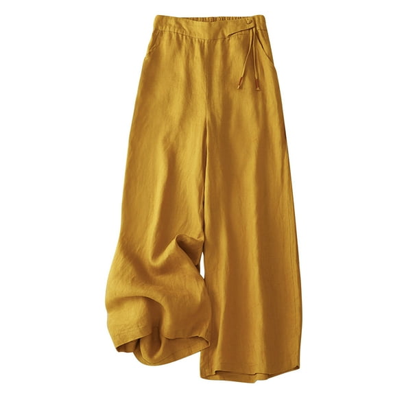BLVB Women's Cotton Linen Pants Casual Plus Size Elastic Waist Wide Leg Pants Solid Flowy Lounge Trousers with Pockets