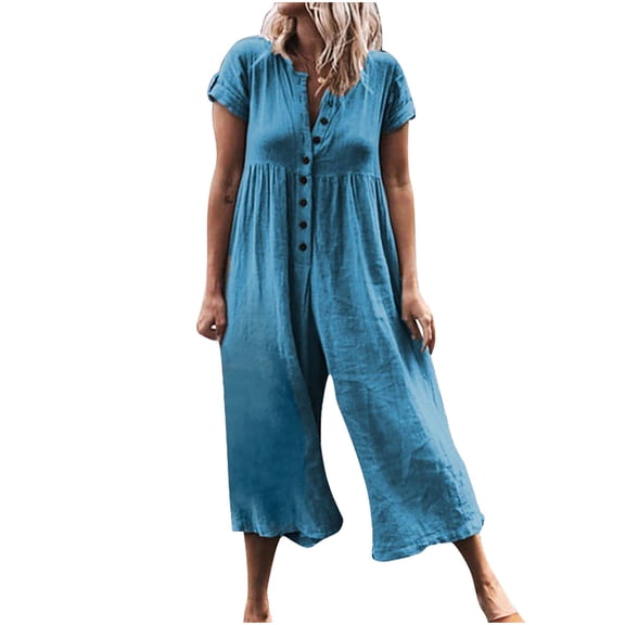BLVB Women's Cotton Linen Summer Jumpsuit Casual Loose Button down Short Sleeve Wide Leg Capris Pants Rompers