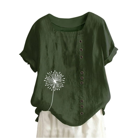 BLVB Women's Cotton Linen Tops Printed Button Square Neck Short Sleeve Summer Blouse Casual Plus Size Beach Shirts