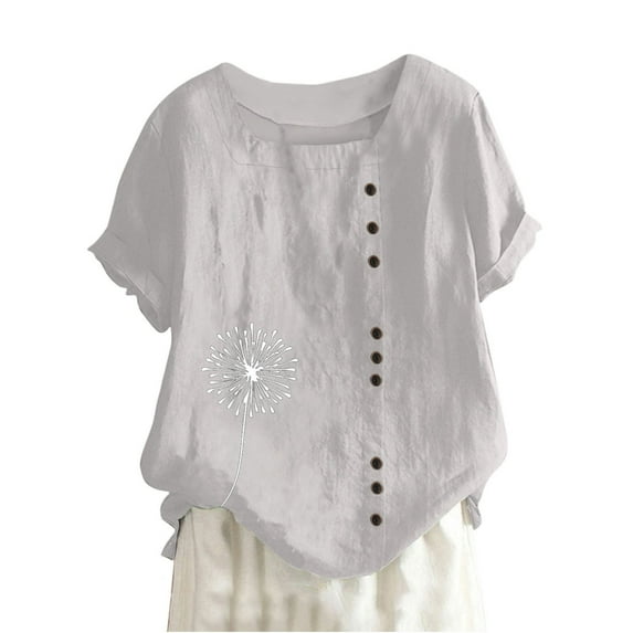 BLVB Women's Cotton Linen Tops Printed Button Square Neck Short Sleeve Summer Blouse Casual Plus Size Beach Shirts
