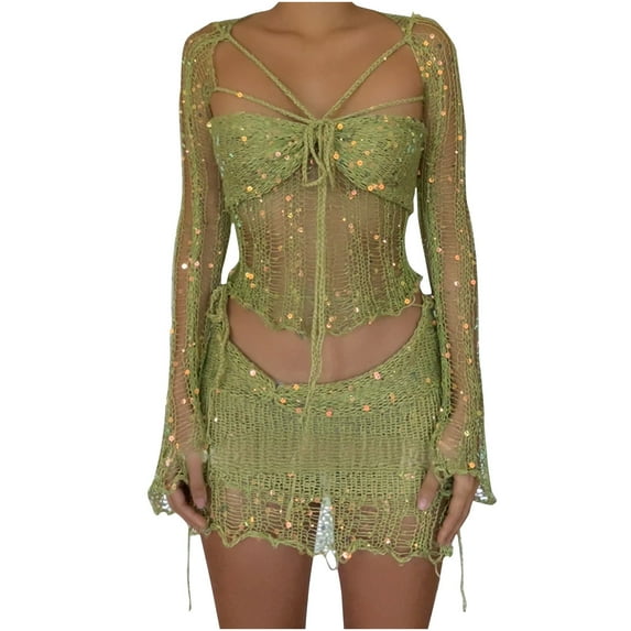 BLVB Women's Crochet Knit 2 Piece Outfits Glitter Sequin Long Sleeve Crop Tops Mini Skirts Sets for Dance Festival Clubwear