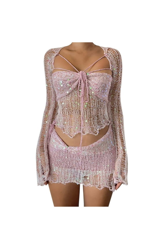 Women's Crochet Knit 2 Piece Outfits Glitter Sequin Long Sleeve Crop Tops Mini Skirts Sets for Dance Festival Clubwear