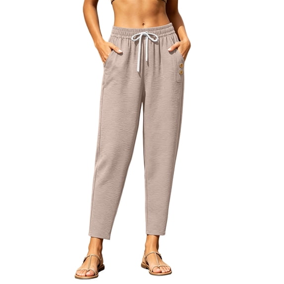 BLVB Women's Cropped Lounge Pants Lightweight Elastic Waist Tapered Pant with Pockets Summer Casual Loose Trousers