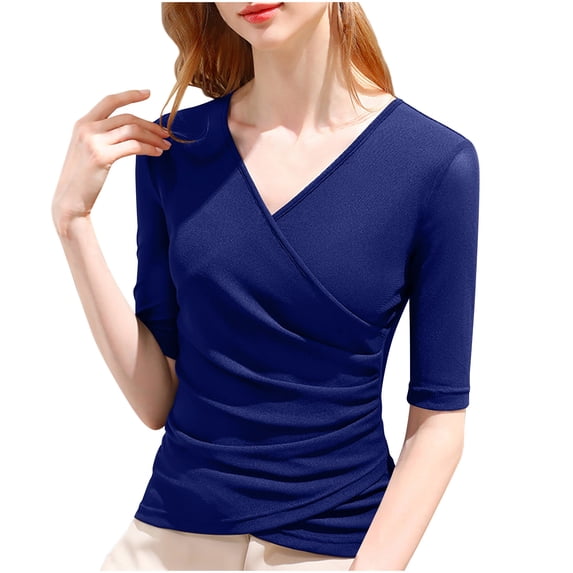 BLVB Women's Cross Wrap Ruched Slim Tops V Neck Half Sleeve T Shirt Soft Casual Tight Tunic Tops Tee