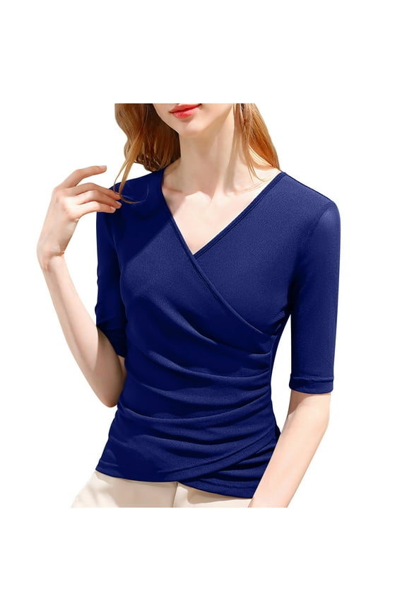 Women's Cross Wrap Ruched Slim Tops V Neck Half Sleeve T Shirt Soft Casual Tight Tunic Tops Tee