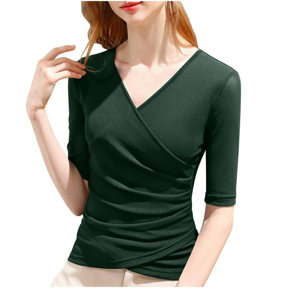 BLVB Women's Cross Wrap Ruched Slim Tops V Neck Half Sleeve T Shirt Soft Casual Tight Tunic Tops Tee