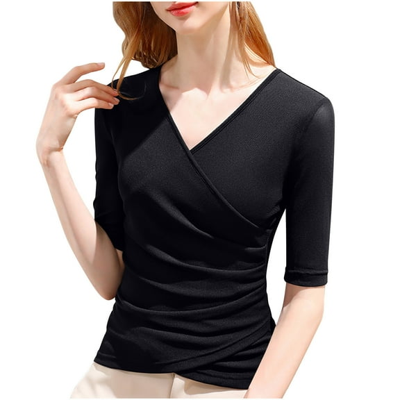BLVB Women's Cross Wrap Ruched Slim Tops V Neck Half Sleeve T Shirt Soft Casual Tight Tunic Tops Tee