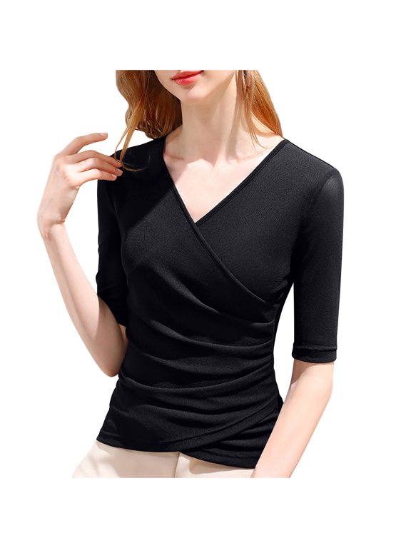 Women's Cross Wrap Ruched Slim Tops V Neck Half Sleeve T Shirt Soft Casual Tight Tunic Tops Tee