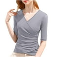 thumbnail image 1 of BLVB Women's Cross Wrap Ruched Slim Tops V Neck Half Sleeve T Shirt Soft Casual Tight Tunic Tops Tee, 1 of 3