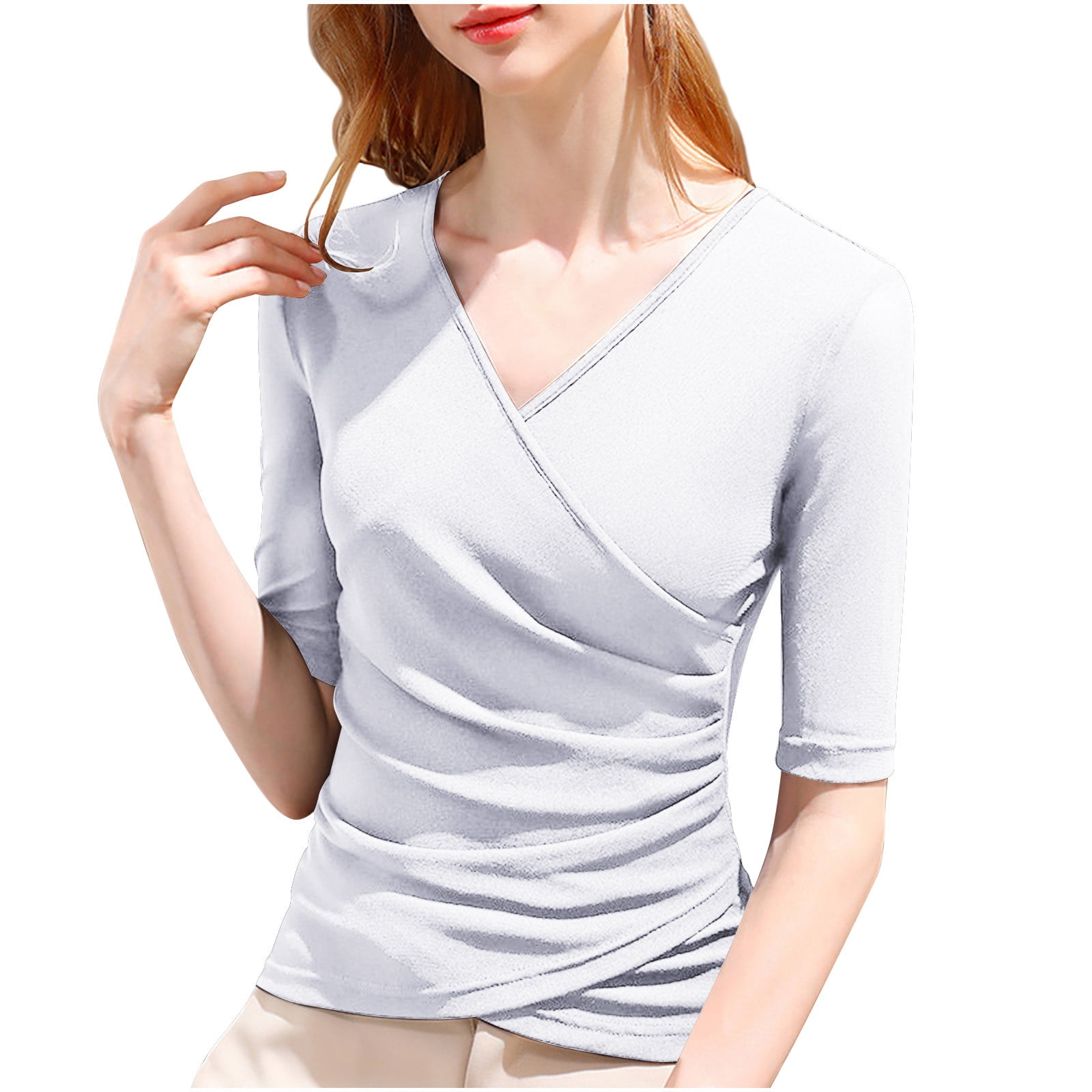 BLVB Women's Cross Wrap Ruched Slim Tops V Neck Half Sleeve T