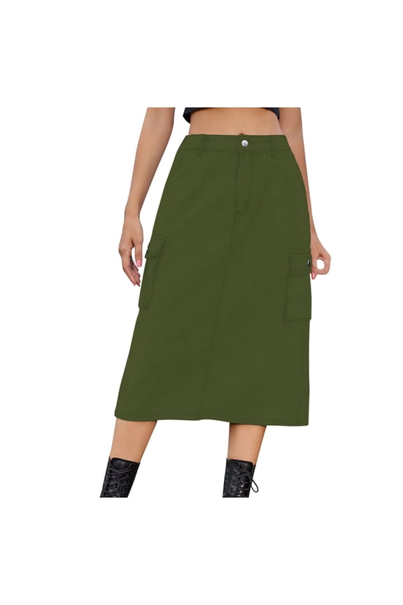 Women's Denim Cargo Skirt Casual High Waisted Split Back Vintage Midi Jean Skirts Streetwear with Pockets Army Green