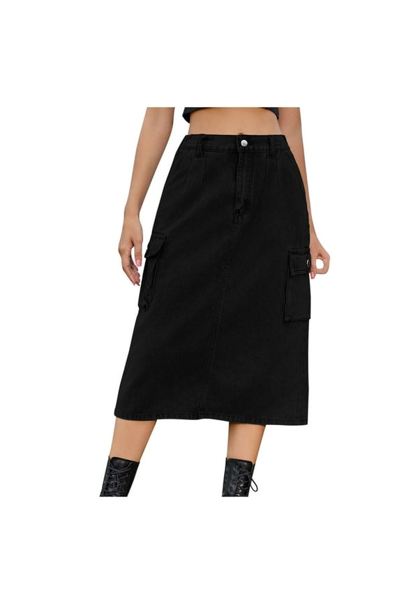 Women's Denim Cargo Skirt Casual High Waisted Split Back Vintage Midi Jean Skirts Streetwear with Pockets Black