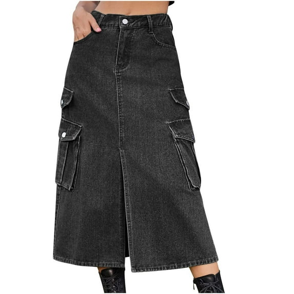 BLVB Women's Denim Cargo Skirt Casual High Waisted Split Front Vintage Midi Jean Skirts Streetwear with Pockets Dark Gray