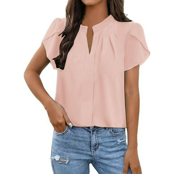 BLVB Women's Dressy Blouses V Neck Pleated Tops Tee Summer Shirts Petal Short Sleeve Casual T-Shirts for Work Office