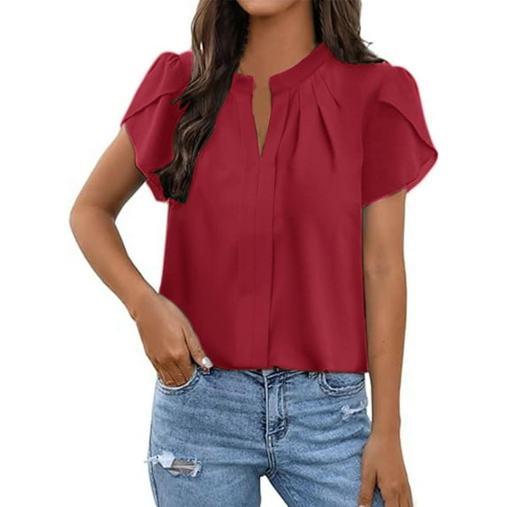 BLVB Women's Dressy Blouses V Neck Pleated Tops Tee 2025 Summer Shirts Petal Short Sleeve Casual T-Shirts for Work Office