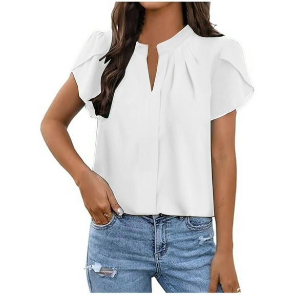 BLVB Women's Dressy Blouses V Neck Pleated Tops Tee Summer Shirts Petal Short Sleeve Casual T-Shirts for Work Office