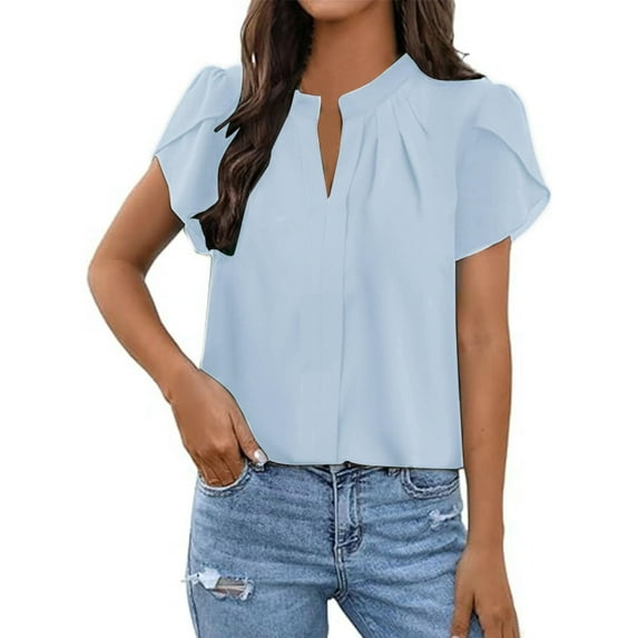 BLVB Women's Dressy Blouses V Neck Pleated Tops Tee Summer Shirts Petal Short Sleeve Casual T-Shirts for Work Office