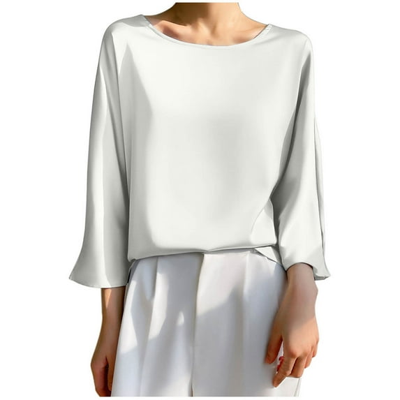 BLVB Women's Elegant Satin Shirt Long Sleeve Office Work Blouses Tops Crewneck Solid Color Basic Tunic Tee Tops
