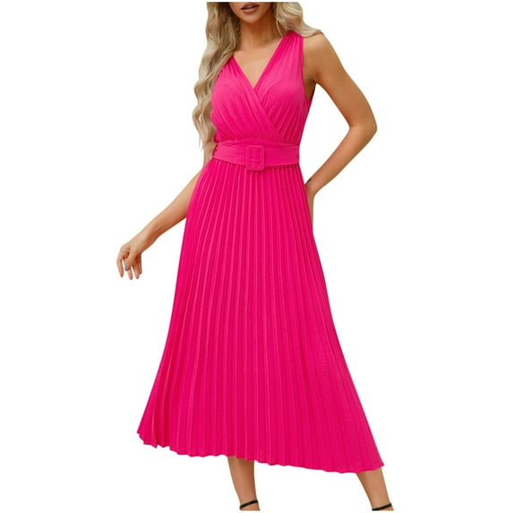BLVB Women's Elegant V Neck Summer Dresses Sleeveless Bulted Pleated Flowy Cocktail Formal Maxi Long Dress