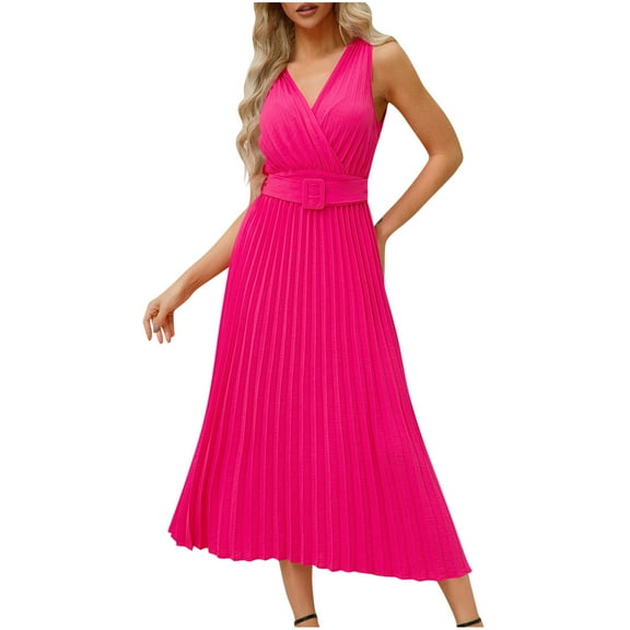 BLVB Women's Elegant V Neck Summer Dresses Sleeveless Bulted Pleated Flowy Cocktail Formal Maxi Long Dress