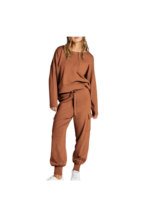 Women's Fall 2 Piece Outfit Casual Crew Neck Long Sleeve Tops and Cargo Pants Lounge Sets Tracksuits with Pockets