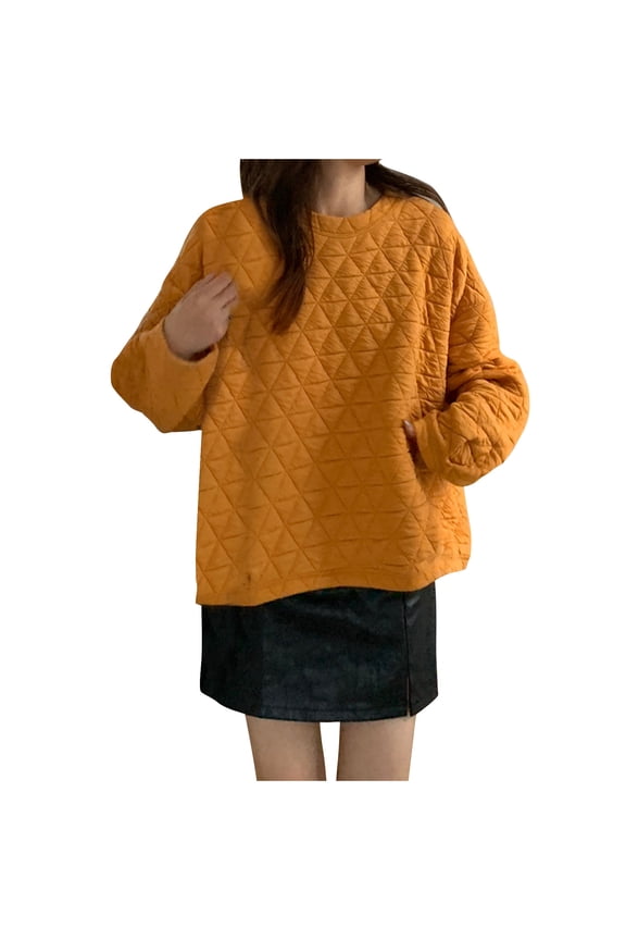 Women's Fall Fashion Quilted Pattern Long Sleeve Casual Crewneck Sweatshirt Solid Color Pullover Shirt Top