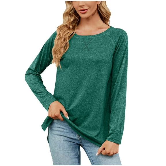 BLVB Women's Fall Long Sleeve Side Split Loose Blouses Casual Crewneck Pullover Tunic Tops Comfy T Shirts Trendy Clothes Green
