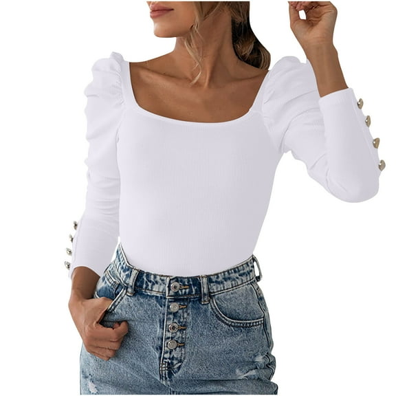 BLVB Women’s Fall Long Sleeve T Shirts Slim Tops Square Neck Ribbed Knit Shirts Casual Tight Tee Blouses