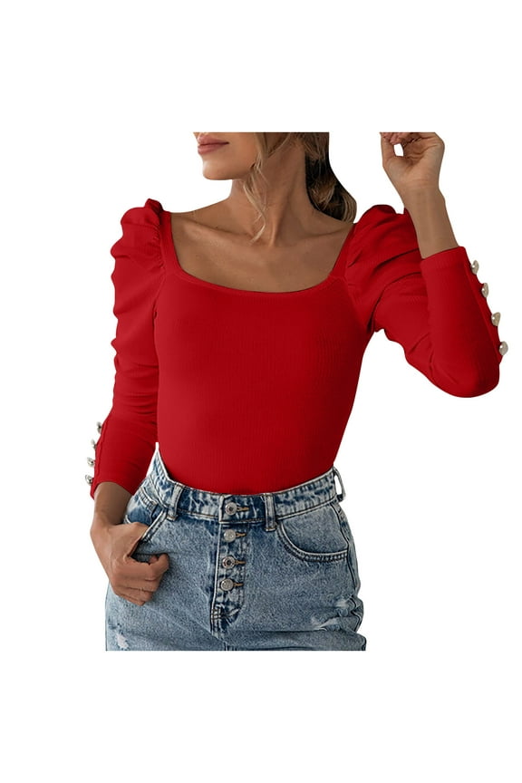 Women’s Fall Long Sleeve T Shirts Slim Tops Square Neck Ribbed Knit Shirts Casual Tight Tee Blouses