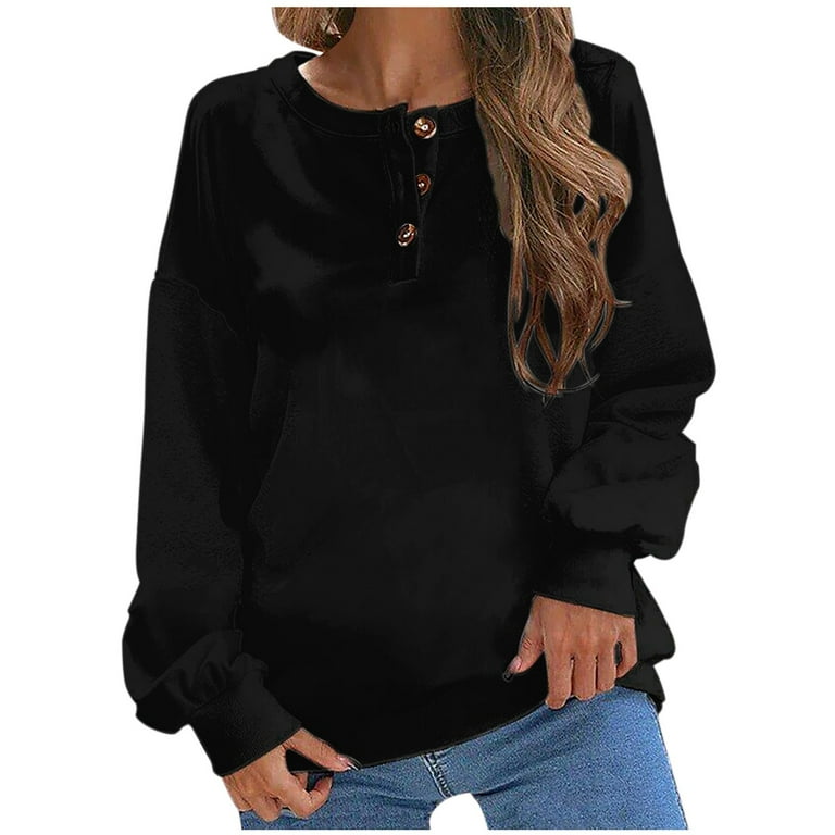 BLVB Women s Fall Pullover Sweatshirt Casual Crew Neck Button up Solid Color Plus Size Long Sleeve Tops