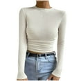 thumbnail image 1 of BLVB Women's Fall Spring Long Sleeve Shirts Casual Crew Neck Ruched Slim Fitted Going out Crop Tops, 1 of 9