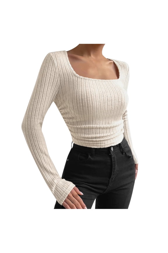Women's Fall Spring Tunic Tops Square Neck Long Sleeve Basic Shirts Casual Slim Fitted Going out Blouse Tees