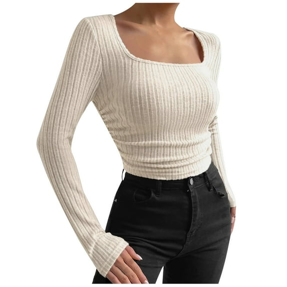 BLVB Women's Fall Spring Tunic Tops Square Neck Long Sleeve Basic Shirts Casual Slim Fitted Going out Blouse Tees