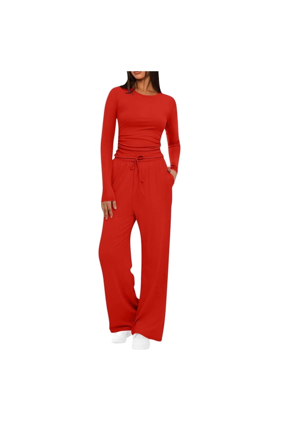Women's Fall Two Piece Outfits Track Suits Long Sleeve Tops Tee Shirts Wide Leg Pants Matching Lounge Sets