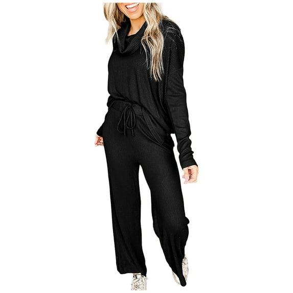 BLVB Women's Fall Winter 2 Piece Outfits Turtleneck Sweaters Lounge Set and Wide Leg Pants Cozy Knit Sweatsuit Sets